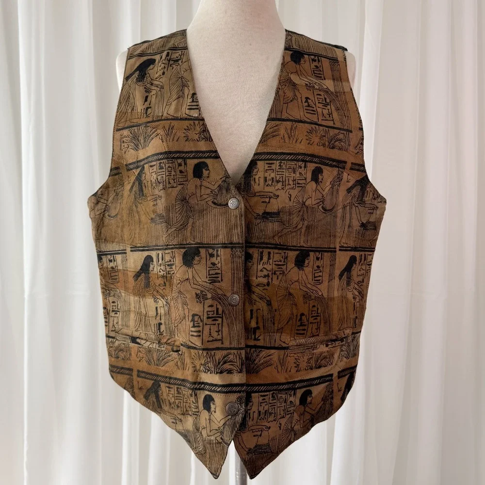 Vintage‎ Leather Vest Egyptian Hieroglyph Print Brown Black 90s Unisex Large